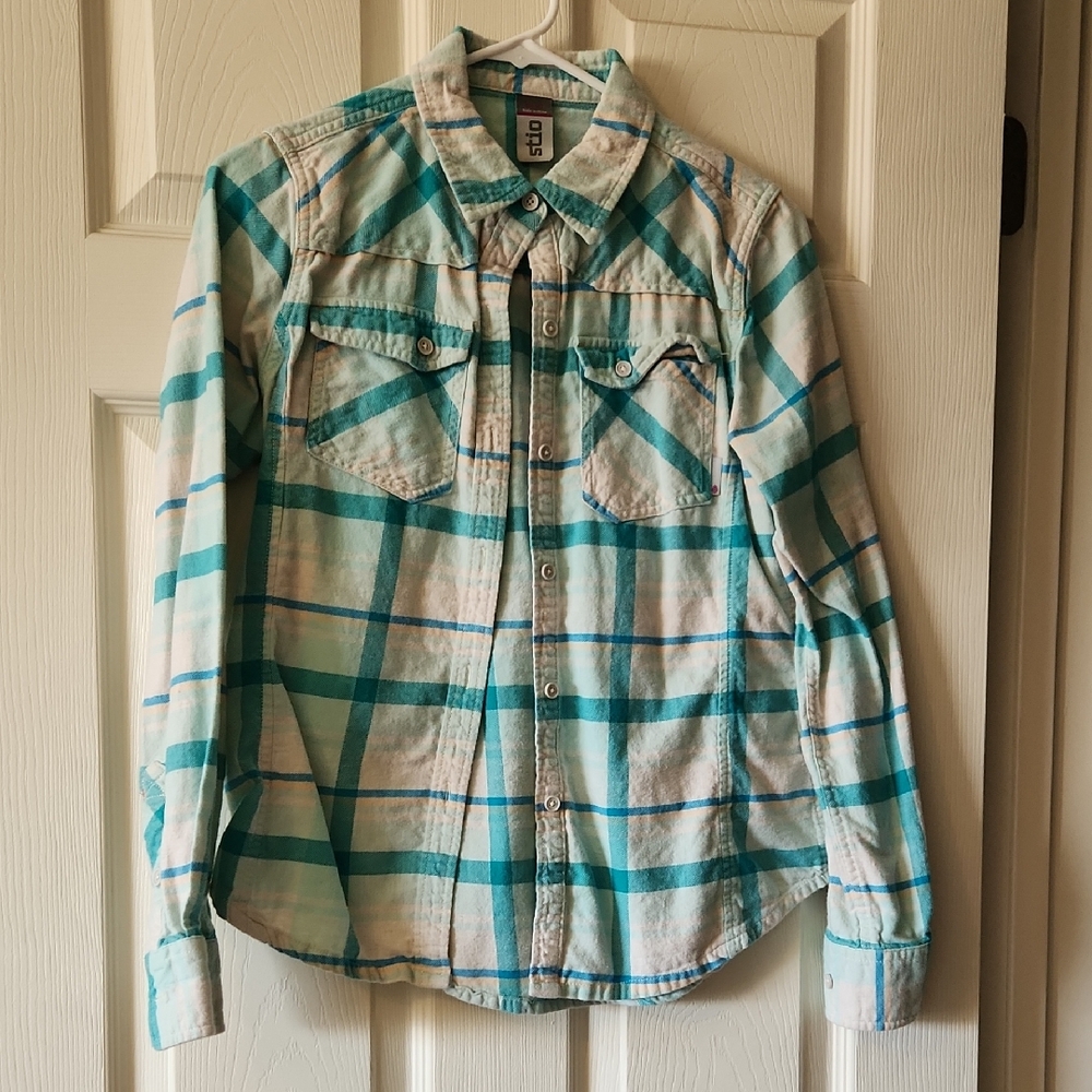 Stio Teal and White Plaid Flannel Women's Top